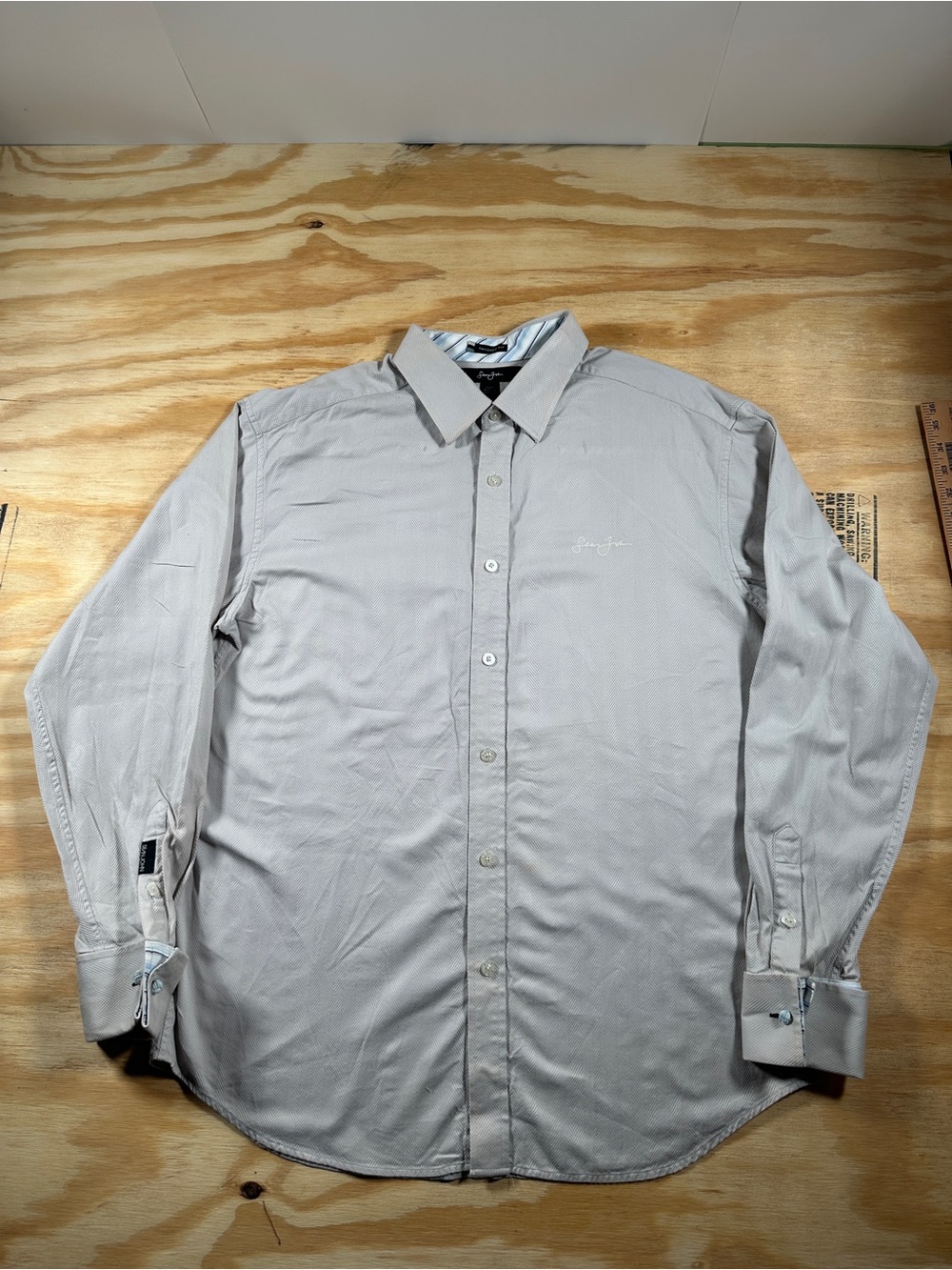 Sean John Mens Dress Shirt XXL Tailored Fit Light Gray Herringbone Striped Trim